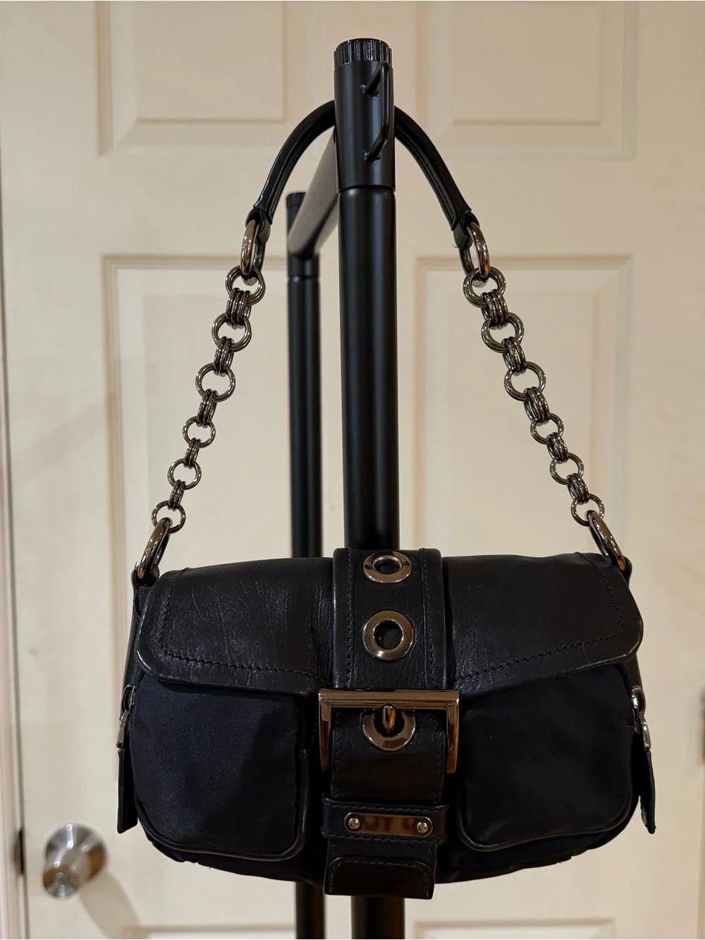 Rare Vintage PRADA Tessuto Nylon Leather Grommet Buckle Chain Shoulder Bag Y2K